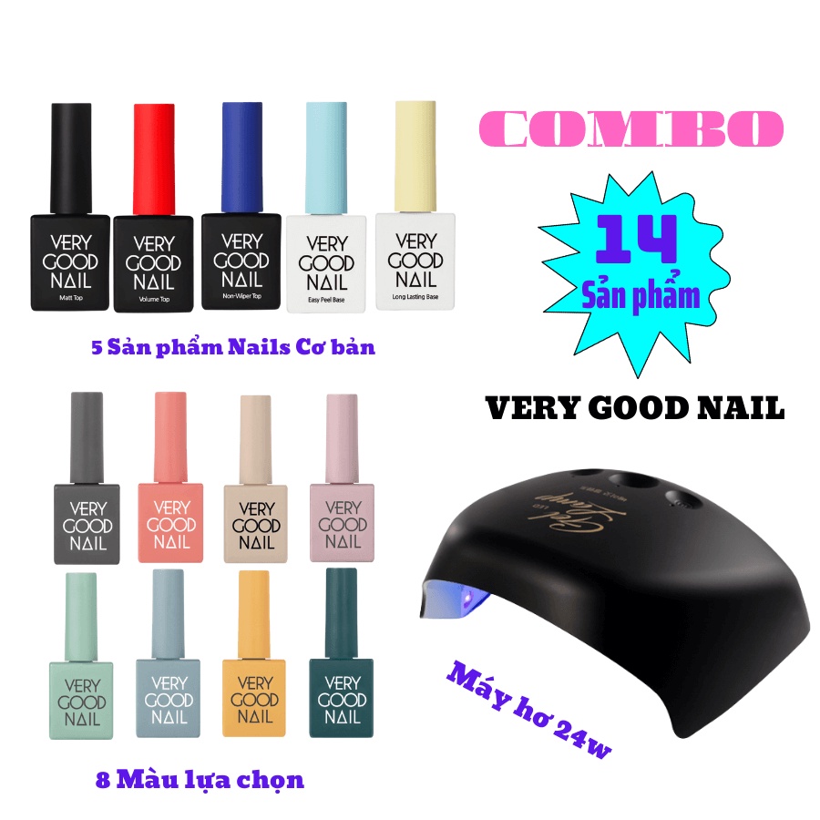 Combo bộ sản phẩm Very good nail chính hãng máy hơn 24w + 5 sản phẩm nails cơ bản + 8 sơn gel màu [chọn màu]