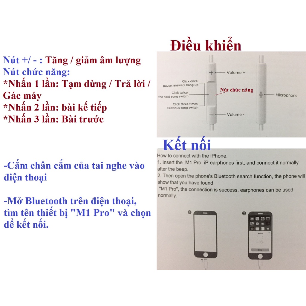 Tai nghe dây chân cắm iP chuyển đổi kết nối bluetooth V5.0 hoco M1 Pro Lightning