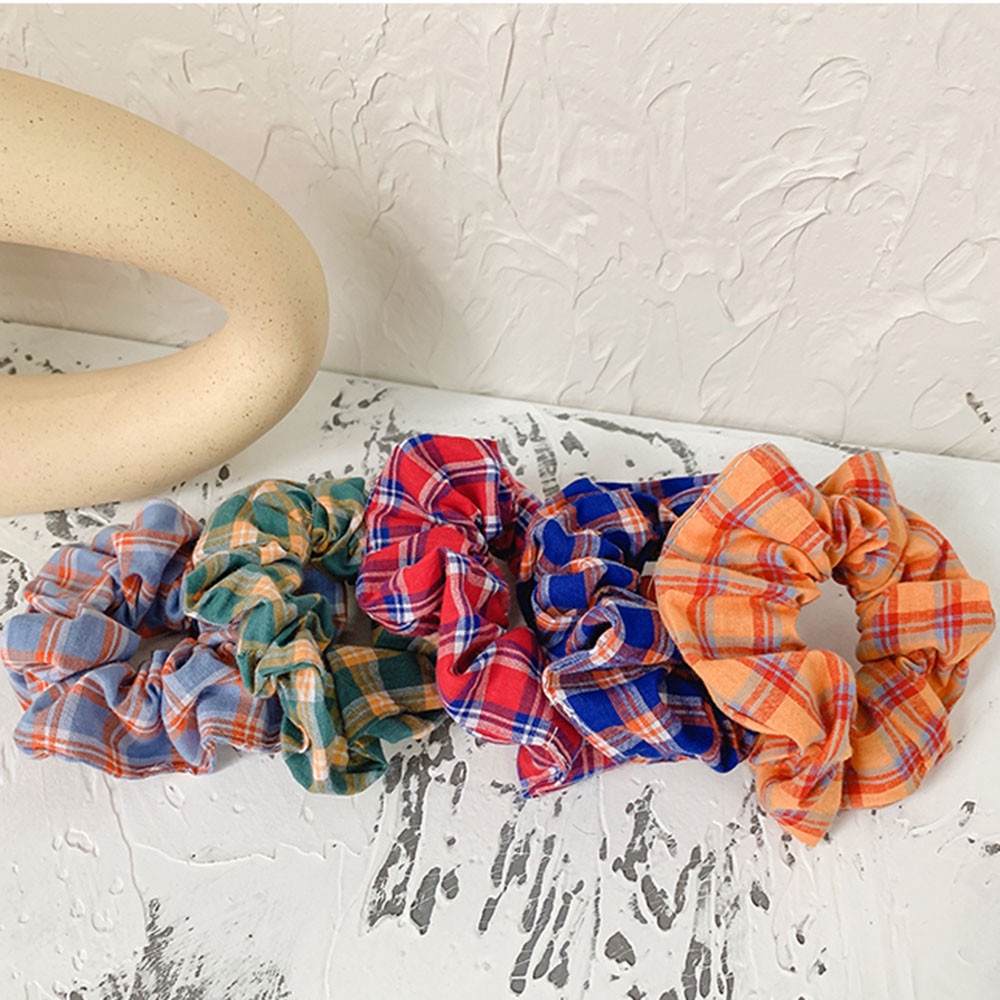 Blue Plaid Hair Circle French Retro Ponytail Hair Rope Hair Accessories Girl