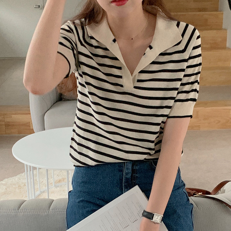 SUXI Áo tay ngắn họa tiết kẻ sọc phong cách Hàn Quốc trẻ trung cho nữ