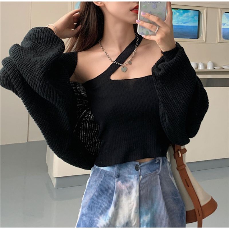 Order - Áo cardigan dáng ngắn dệt kim tay bồng không kèm croptop