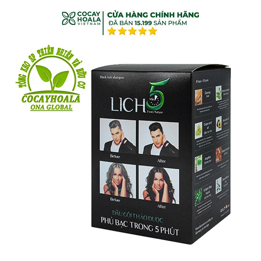 Dầu Gội Phủ Bạc Lich5, Nhuộm Tóc Thảo Dược Đen Tóc Cocayhoala làm đen tóc trong 5 phút - hộp 10 gói