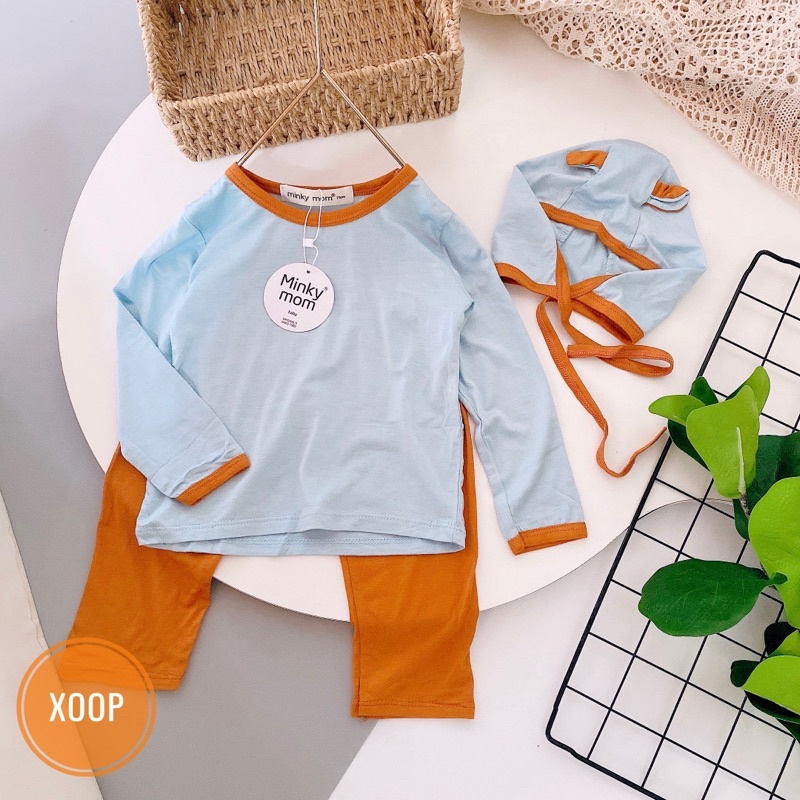 Bộ dài tay chất thun lạnh- bộ dài tay phối màu  kèm mũ hàng minky mom cho bé  shop phúc yến