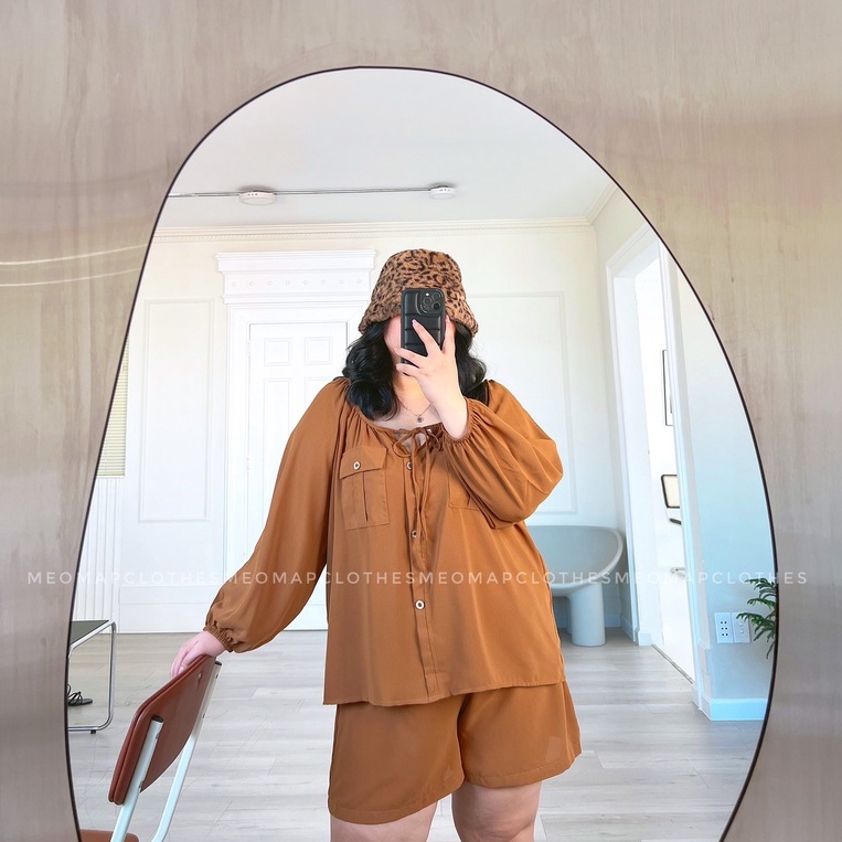 Set bộ áo trễ vai nhún thun tay dài quần short bigsize Mèo Mập Clothes chất đũi Hàn mịn mát