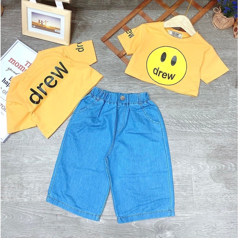 Bộ Áo Thun Quần Jean ống rộng bé gái , Áo Croptop Quần Jean Co Giãn , Trang 25 Kids - As19