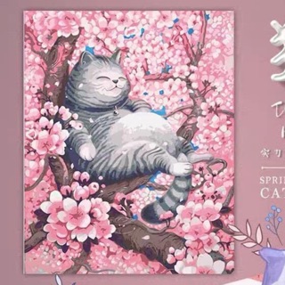 Tranh số hoá Mèo bụng bự bên hoa anh đào - tranh tự tô màu theo số trên khung căng sẵn vải - khung dày 2,5cm (40x50)