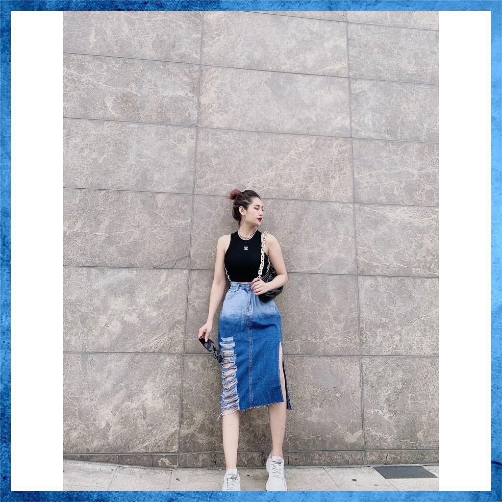 [Jeans nữ thiết kế] Chân váy jeans rách, chân váy bò dáng dài lưng cao túi chéo loang màu. Mã S8135 | BigBuy360 - bigbuy360.vn