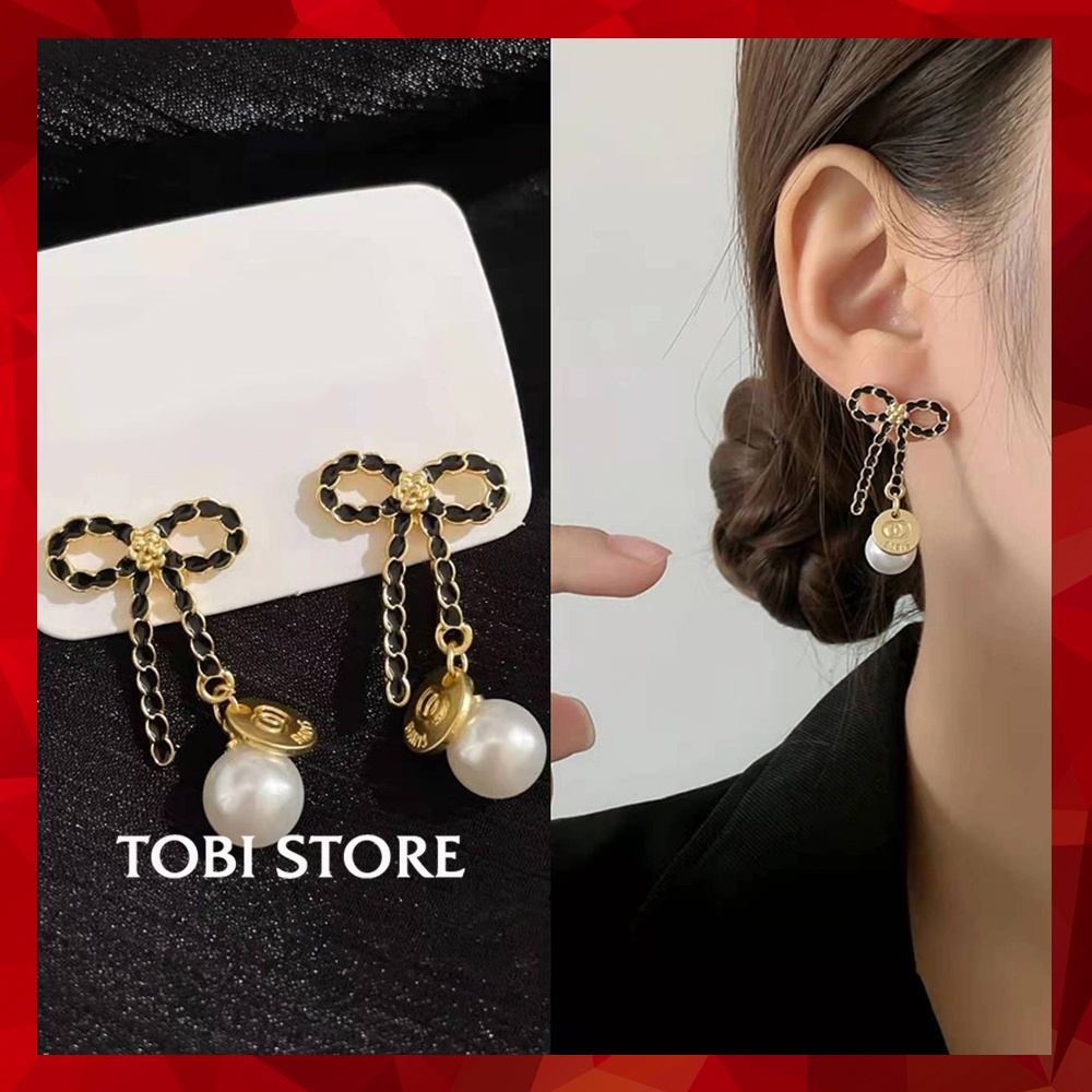 Khuyên tai nữ thương hiệu CC thắt nơ đen gắn ngọc TB505