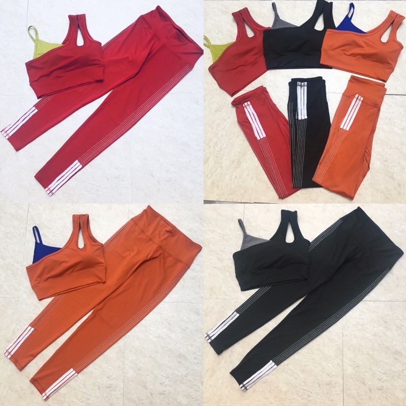 Bộ dài ôm chạy chỉ sọc bra lệch vai tập gym yoga nữ