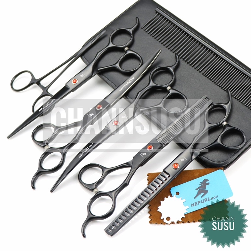 KÉO CẮT TỈA LÔNG THÚ CƯNG - Bộ 5 kéo NEPURLson 7i cao cấp (kèm nhổ lông tai + lược) cắt tỉa lông thú cưng chuyên nghiệp