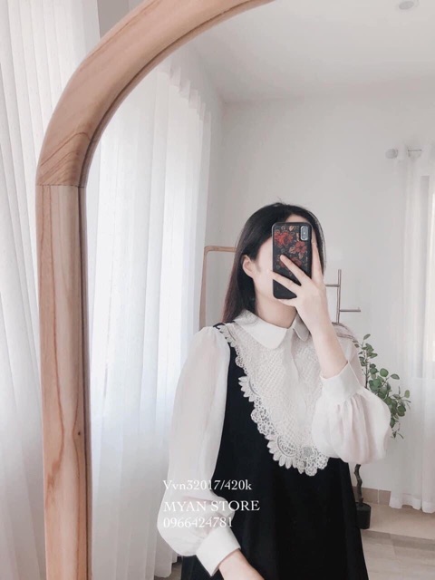 Váy đũi phối tơ cổ sen trắng dễ thương vô cùng lun nà