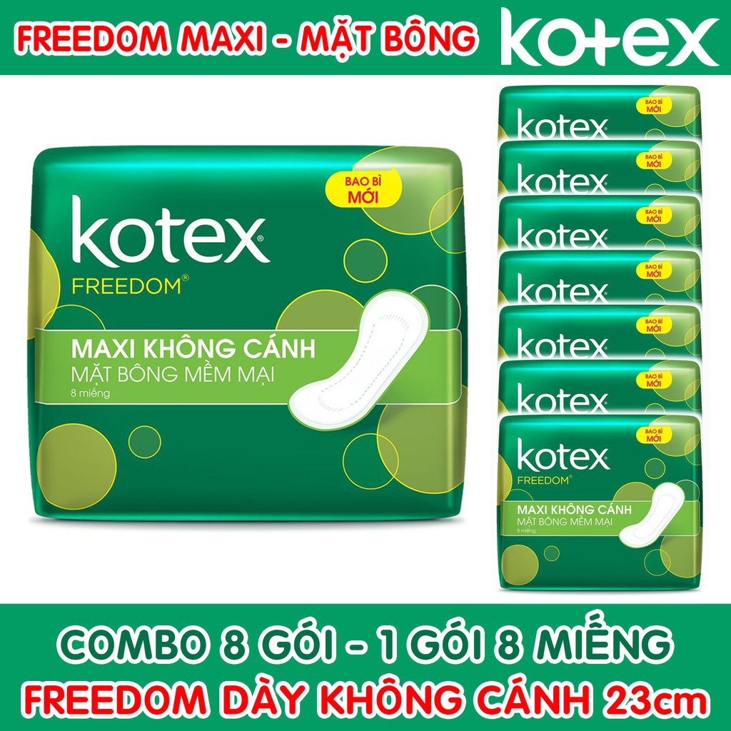 Combo 8 Gói Băng Vệ Sinh Kotex Freedom Maxi Dày Không Cánh Mặt Bông 23cm ( 1 Gói 8 Miếng - 1 Lốc 8 Gói ) .