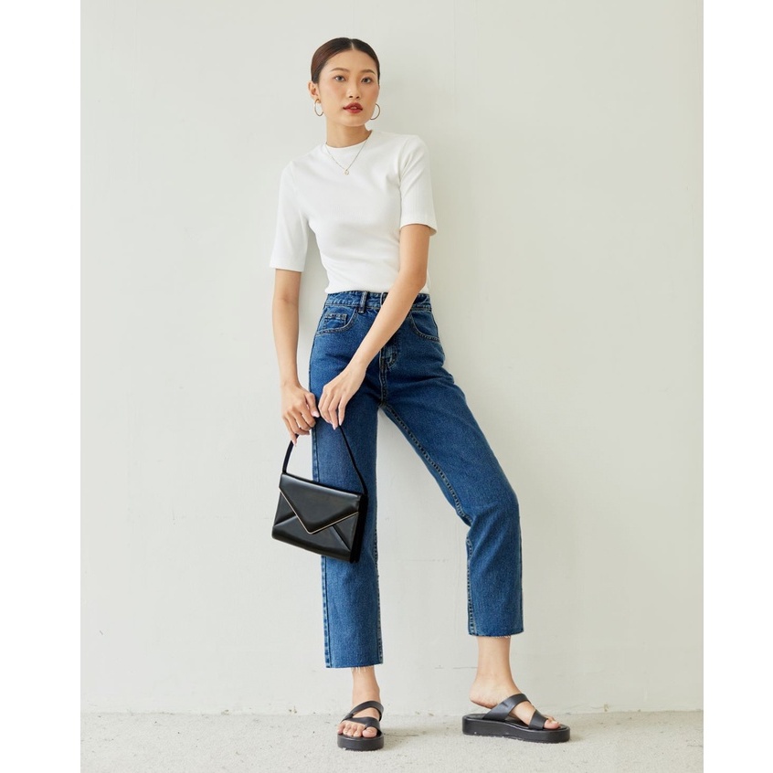 Quần Jeans Cotton Nữ Lưng Cao Form Straight Jeans Cutline Ống Đứng Màu Classic Blue  - Weier.Q
