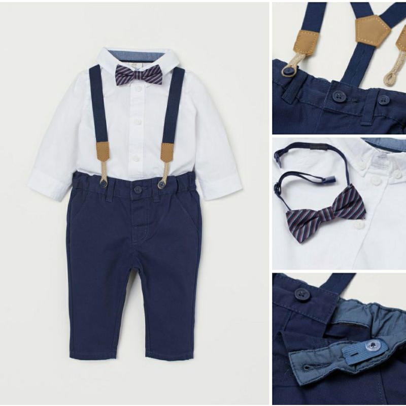 Set công tử sơ mi quần đai kèm nơ săn sale HM UK size 6-9m, 1.5-2y, 3-4y