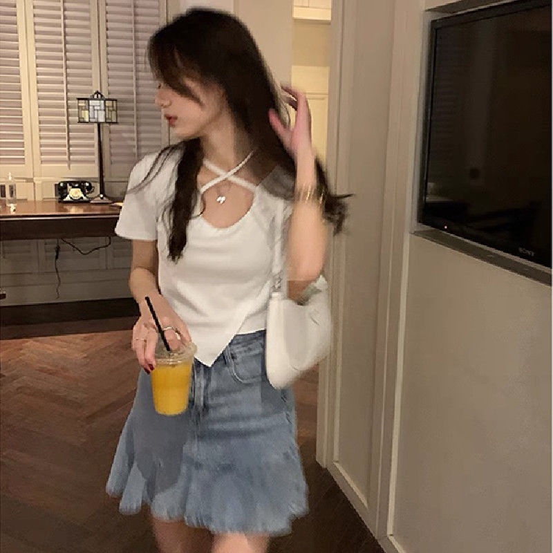 Áo Thun Ngắn Tay Thiết Kế Không Đồng Đều Cột Dây Phong Cách Pháp Thời Trang Mới Cho Nữ