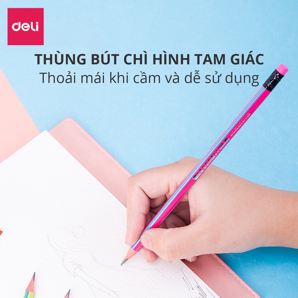 Hộp Bút Chì Graphite Pencil 2B - 12 chiếc/50 chiếc, Thân gỗ tam giác, Nhiều màu sắc, Kèm đầu tẩy cho Học sinh