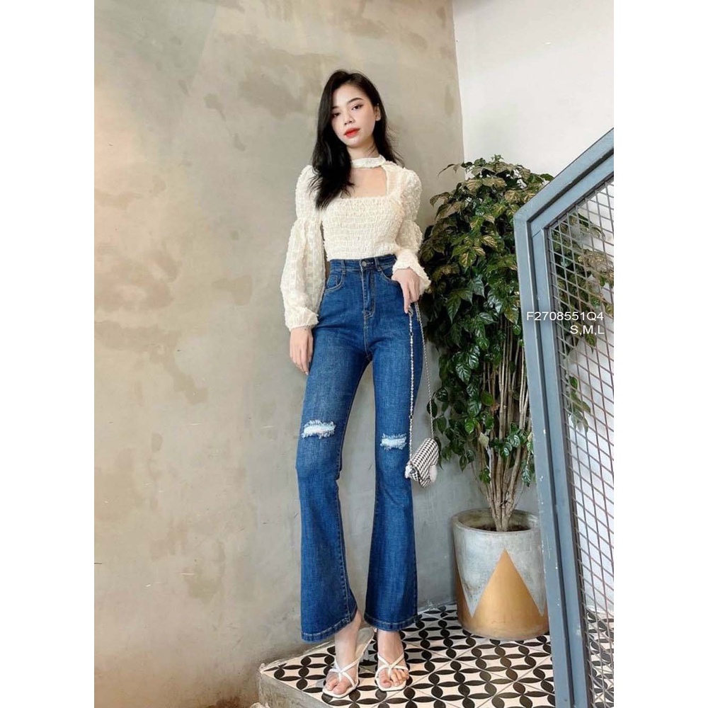 Quần jean dài ống loe mài rách đùi hai bên lưng cao tôn dáng!