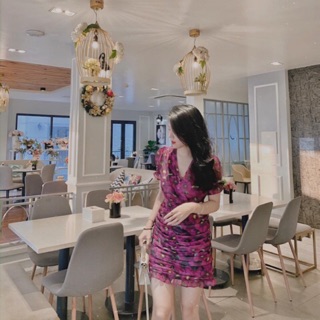 Đầm voan hoa tím xếp ly chân 2 lớp