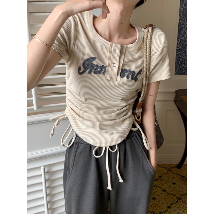 QKOOLE Áo thun  ngắn tay cổ tròn thời trang Hàn Quốc cho nữ