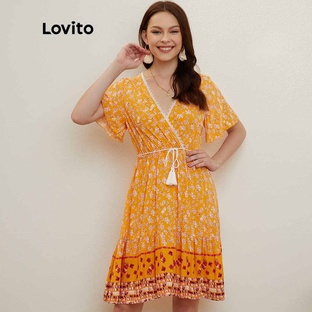819 VN Delisted Lovito Đầm Tay Loe Phối Ren Hoa Màu Vàng Phong Cách Boho Cho Nữ L20D319