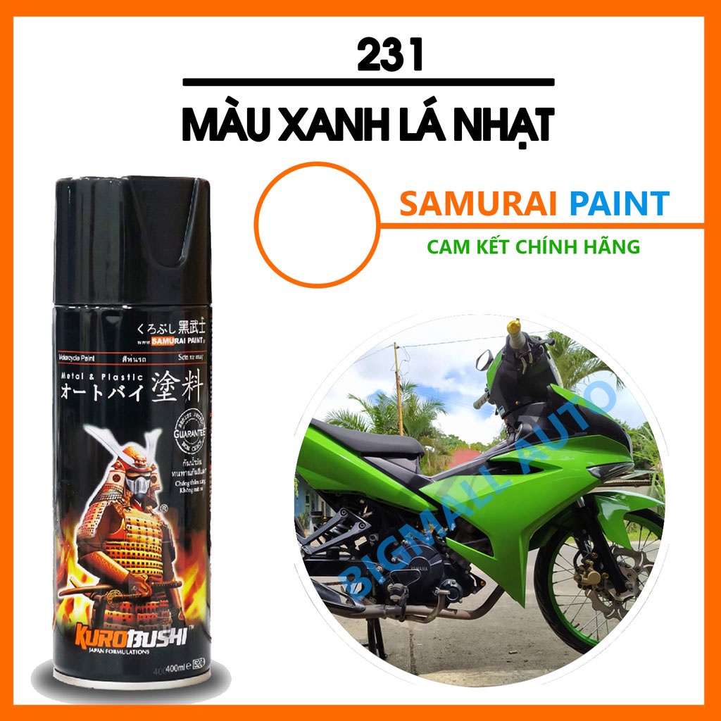 Sơn Samurai màu xanh lá nhạt 31/231 chính hãng, sơn xịt dàn áo xe máy chống nứt nẻ, kháng xăng
