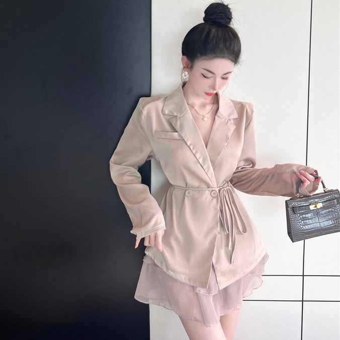 Bộ Áo Khoác Vest Tay Dài + Chân Váy Chiffon Lưng Cao Thời Trang Hàn Quốc Sang Trọng Cho Nữ