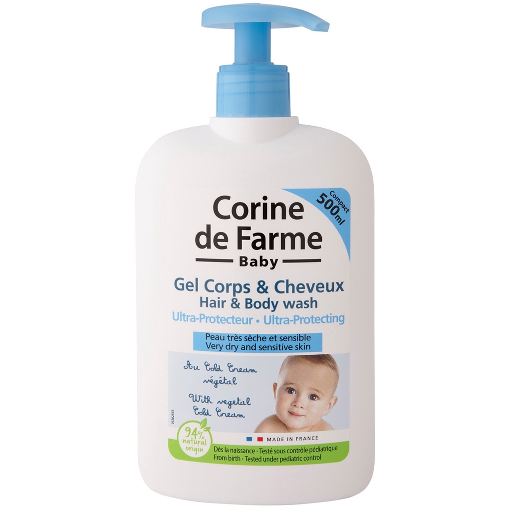 Gel Tắm Gội Cho Bé Corine De Farme Ultra Protecting Hair &amp; Body Wash dành cho da khô, nhạy cảm 500ml