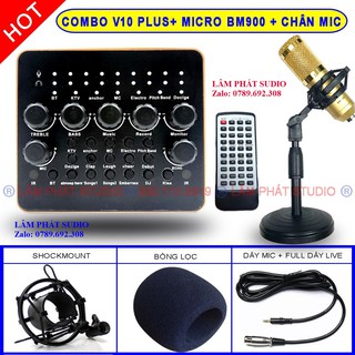 Sale_combo sound card v10 plus bluetooth + micro thu âm bm900 + kẹp micro