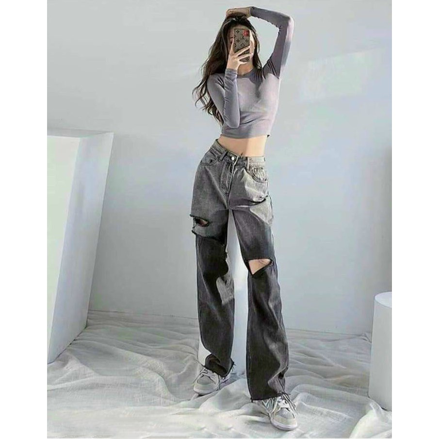 Quần jean nữ baggy ống rộng loang màu cá tính, chất vải Jean Denim dày bền màu William - AT126
