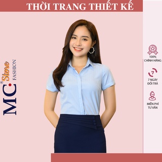 Áo Sơ Mi Công Sở Nữ Mc Fashion, Họa Tiết Kẻ Sọc Tăm, Màu Xanh Dương A206, Nước Biển, Tay Ngắn Cộc
