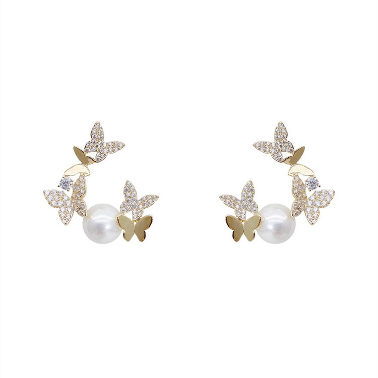 Bông tai mạ bạc 925 hình bướm đính ngọc trai giả