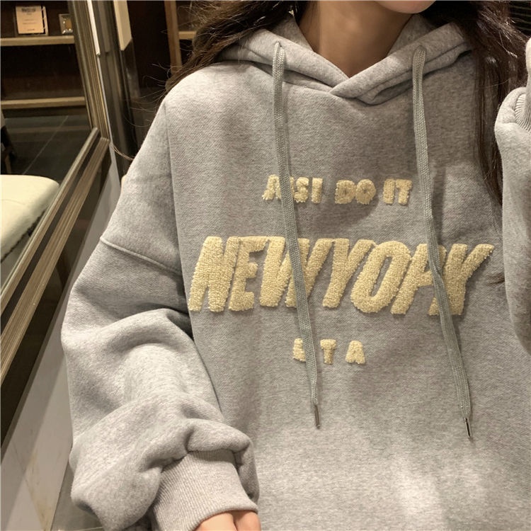 Áo Hoodie Len Lông Cừu Dày Dáng Rộng Thêu Họa Tiết Phong Cách Hàn Quốc Thời Trang Mùa Đông Cho Nữ