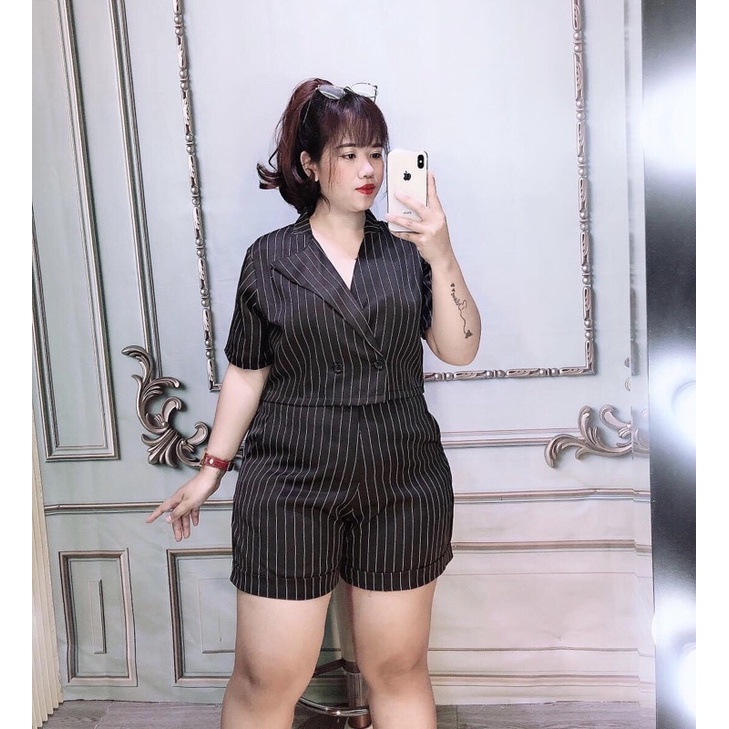 [ Shop bigsize nữ ] Set áo vest croptop phối quần short/đùi chất vải kate sọc #setvestbigsize 60-90kg đen/trắng