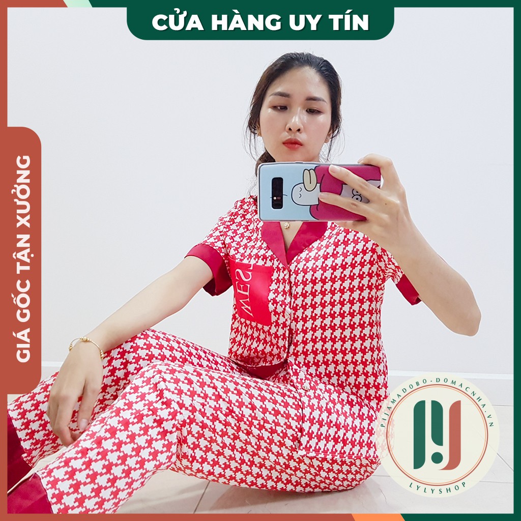 [HOÀN XU + MIỄN SHIP] Đồ bộ pijama, Đồ bộ nữ cao cấp mặc nhà họa tiết răng sói đáp túi lụa Latin mềm mịn, thoáng mát