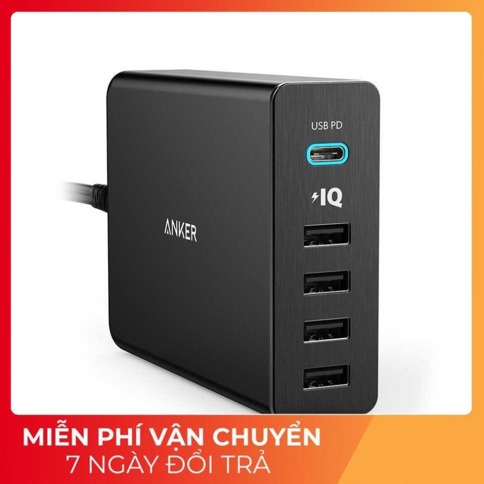 Cóc củ sạc nhanh 60W 4 cổng IQ USB & 1 cổng PD Type-C chính hãng Anker PowerPort +5 (Max 3A / Type-C và 2.4A / USB)
