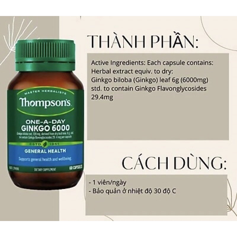 🧠🧠  Bổ Não Master Herbalists THOMPSON’S One-A-Day GINKGO 6000mg 60 viên — Bổ Não hàm lượng cao của Úc☘️☘️