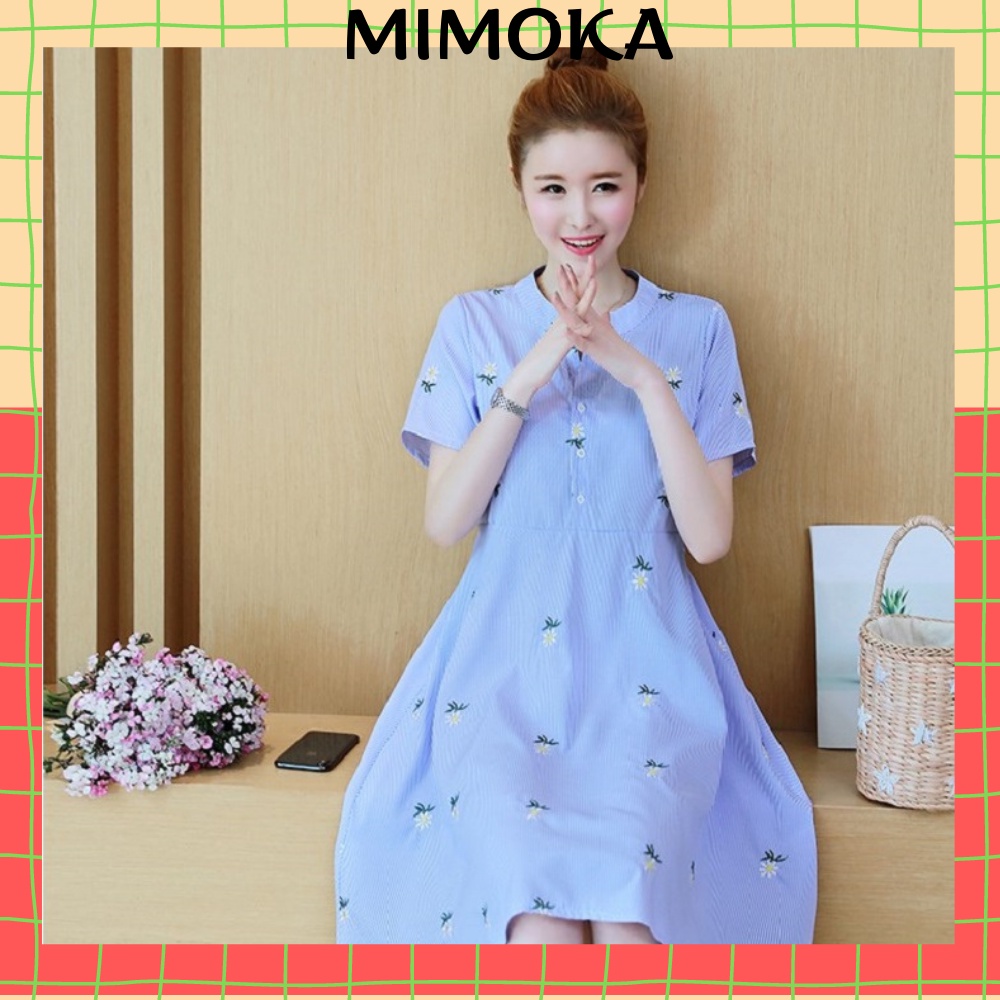 Đầm bầu thiết kế Mimoka MM18 váy bầu thời trang cao cấp Hàn quốc thêu hoa kẻ nhỏ