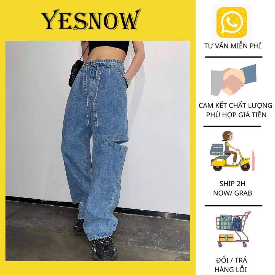 Quần jean nữ cạp cao ống rộng thiết kế rách tà dây eo ulzzang cá tính-YESNOW