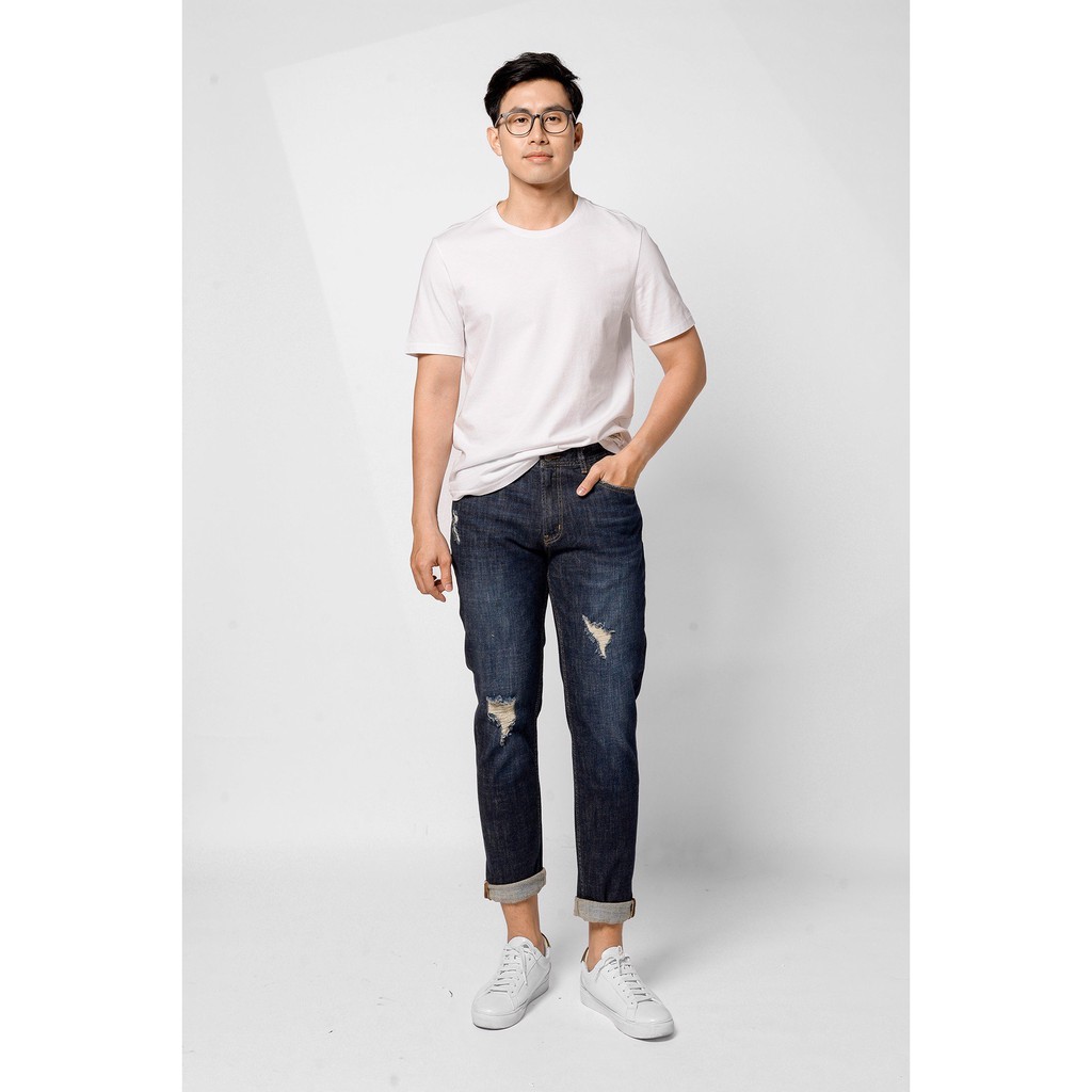 Quần jeans ROUTINE - Quần jean nam màu Xanh đậm rách form slim crop - 10S20DPA047 shop LASTORE