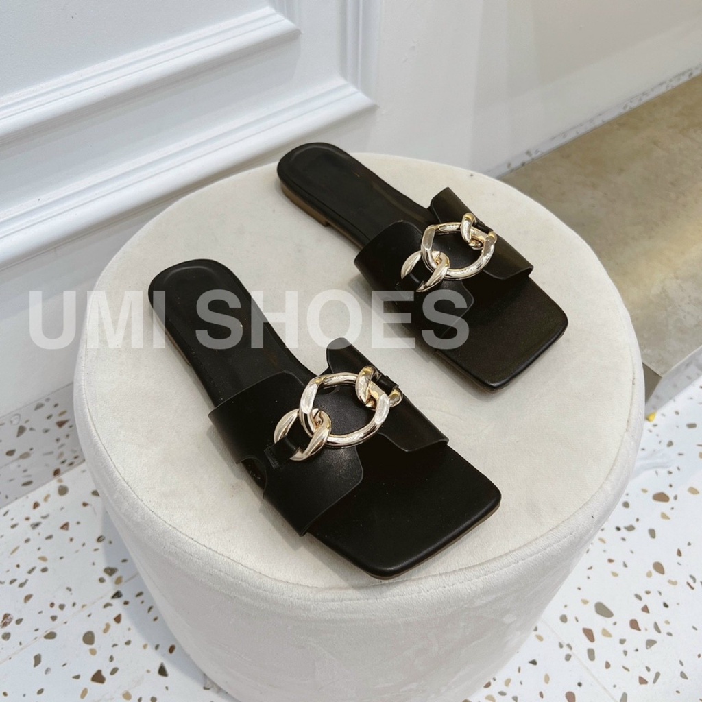[NOWSHIP HN] Dép nữ quai ngang chữ H móc khóa xích xoắn sáng chân mũi vuông đế bệt thời trang nhẹ nhàng mới hot đẹp xinh