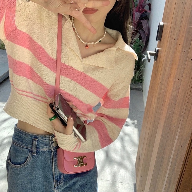 Áo kiểu ZHELIHANGFEI dệt kim cổ polo tay dài dáng ngắn rộng họa tiết kẻ sọc dễ phối đồ thời trang