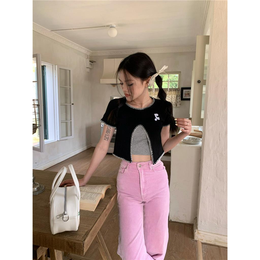 61595 Áo Dệt Kim Ngắn Tay Xẻ Tà Phía Trước