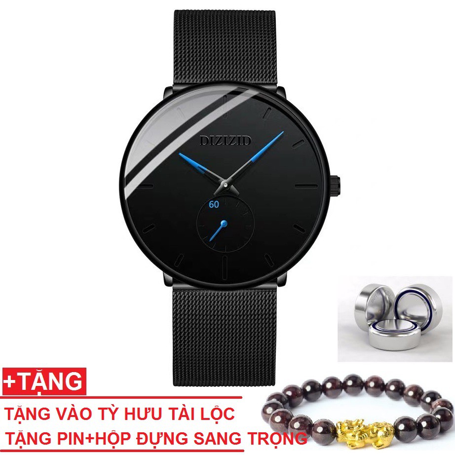 Đồng hồ nam DIZIZID kim xanh chống nước mặt siêu mỏng dây thép lụa cao cấp thiết kế trẻ trung TẶNG VÒNG TỲ HƯU MAY MẮN
