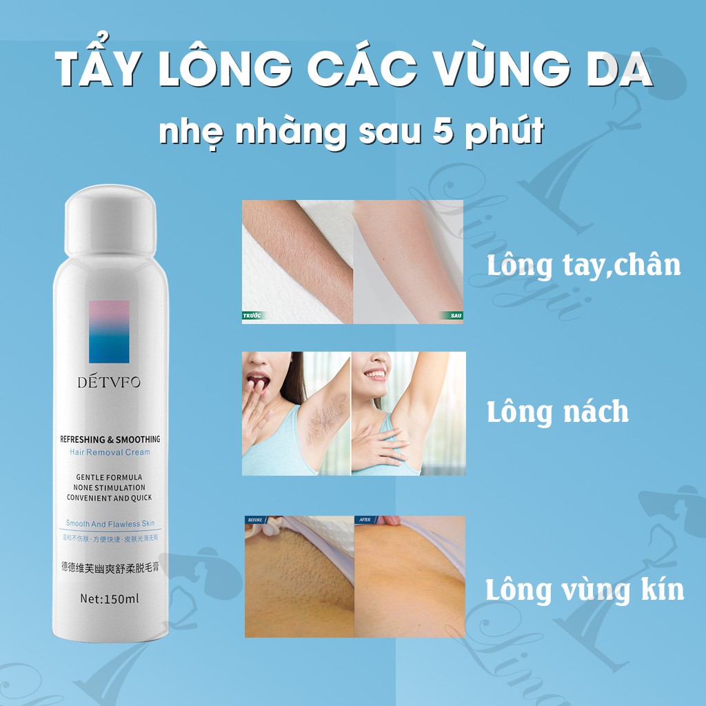 Kem tẩy lông dạng xịt DETFVO 150ml dịu nhẹ không đau rát, triệt lông an toàn cho mọi loại da