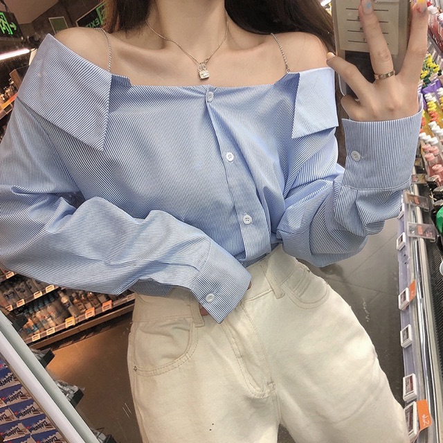 [Order taobao Áo sơmi trễ vai hai dây bling bling