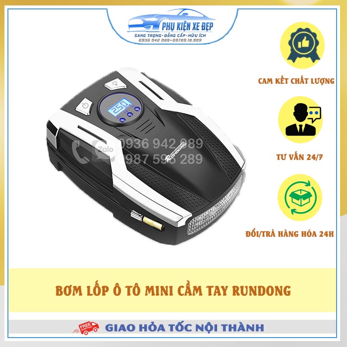 Bơm lốp ô tô FREESHIP mini cầm tay RUNDONG chính hãng bảo hành 6 tháng