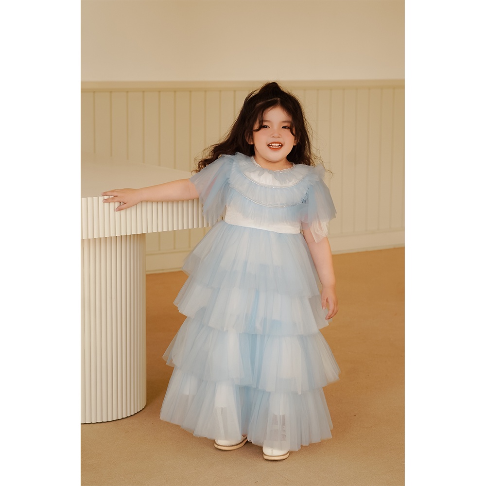 Váy công chúa cho bé dự tiệc đầm công chúa Lucy xanh biển đầm tầng 3 viền đá cho bé gái HOMI BABY HOUSE