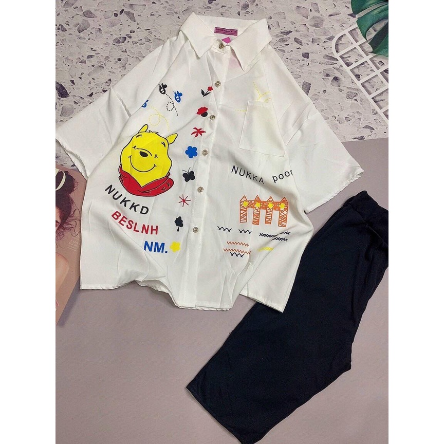 Set sơ mi gấu ngố cho nữ mặc ở nhà, mặc đi chơi, áo sơ mi, quần ngố ôm siêu HOT, siêu xinh