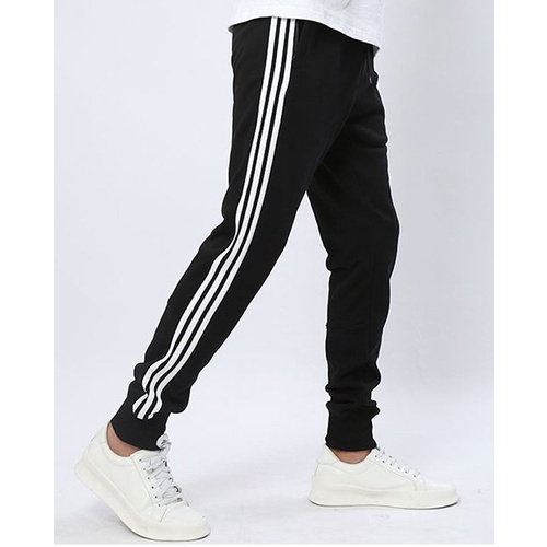 Quần thể thao thu đông nam nữ 3 sọc trắng đen unisex dài ống suông, Quần jogger thể thao nam nữ kẻ ba sọc cao cấp