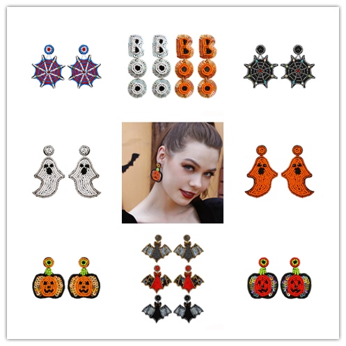 Cod Qipin Khuyên Tai Dáng Thả Xỏ Hạt Gạo Ma Bí Ngô Vui Nhộn Sáng Tạo Phong Cách Halloween Punk